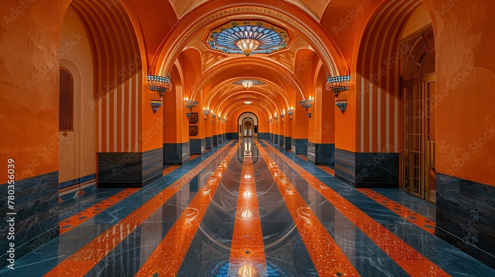 Fototapeta premium Symmetrical View of an Ornate Orange Hallway with Arched Ceilings and Mosaic Floor