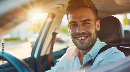 Handsome young man is driving a car and smiling driving a car with a clear view of the city through the window. showcasing safe driving with a seatbelt