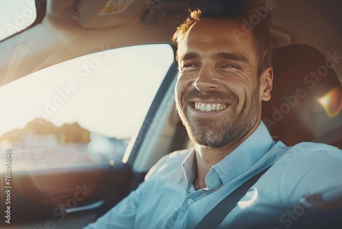 Handsome young man is driving a car and smiling driving a car with a clear view of the city through the window. showcasing safe driving with a seatbelt