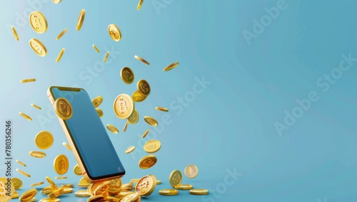 A mobile phone with gold coins flying out of it, on a blue background, in the vector illustration style, in a flat design, with 3D rendering, at a high resolution, with professional color grading, wit photo