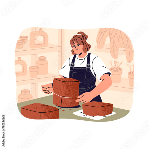 Young woman works in ceramic workshop. Ceramist making pottery, create handmade earthenware. Girl cuts piece of clay with thread. Creative hobby, handicraft. Flat isolated vector illustration on white