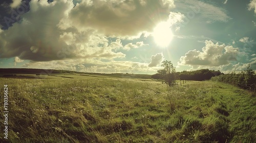 Panoramic view of a field covered in grass and trees under sunlight and a cloudy sky  ,Generative ai, 