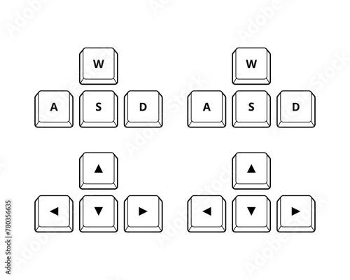 Arrow left, right, up, down, w, a, s, d keys on computer keyboard isolated icon. Keyboard buttons.