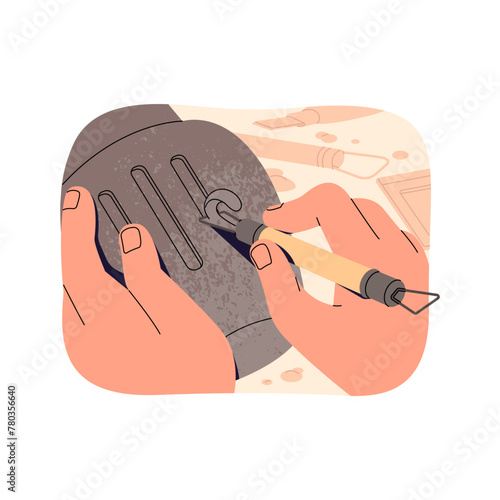 Potter making, creates pottery product. Ceramist shaping, carving clay pot with stick. Hands work with ceramic. Handwork production in workshop. Flat isolated vector illustration on white background