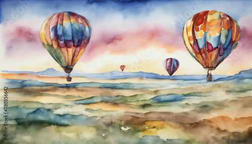 Watercolor Landscape with Hot Air Balloons at Sunset