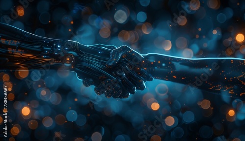 A digital handshake between two people, symbolizing the creation of an AI portrayal in business collaboration. The dark blue background has glowing lights and bokeh effects. In the style of a futurist photo