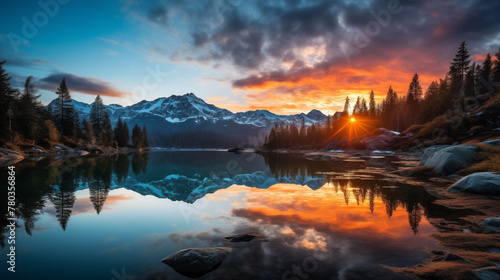 Sunset in the mountains at a calm lake. A serene mountain lake at sunrise.