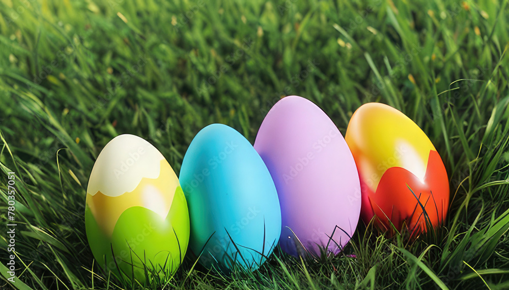 Easter coloured decorated eggs on a green grass