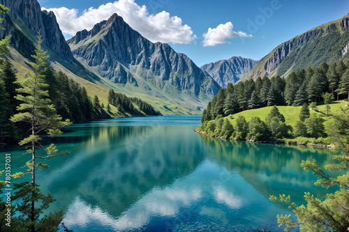 Lake Mountain Background Cloud Trees Forest Rock Stone