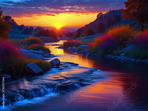 Evening Seenary with  Vibrant Colors and waterflow photo
