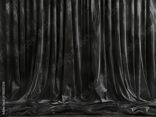 A picture of the stage curtains at the theater or cinema salon, closed and down, in the dark black color, realistic interior shade, AI Generated.