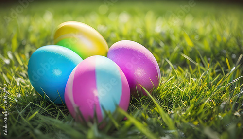 Easter coloured decorated eggs on a green grass