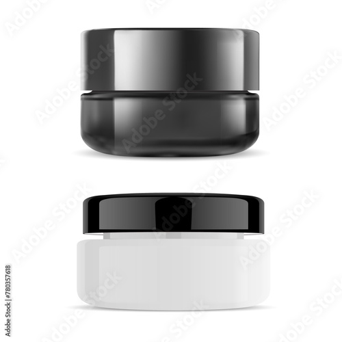 Cosmetic cream jar, isolated vector template blank. Realistic plastic container for face skin care product. Mockup of round scrub jar or lotion packaging for branding design