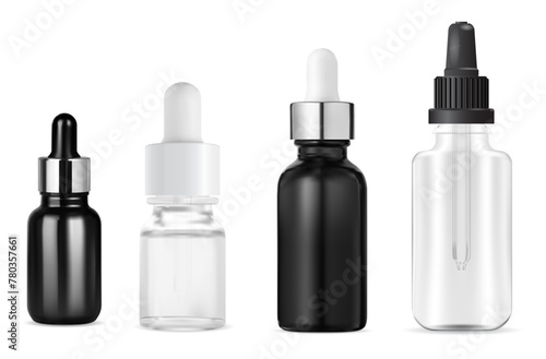 Liquid serum dropper bottle. Essential oil treatment container, vector mockup. Set of eyedropper flask for collagen beauty product, black and white design. Pipette bottle template