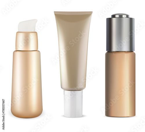 Liquid face foundation cosmetic bottle. Creamy texture facial treatment tube, brand advertisement, marketing promotion. Luxury fluid concealer pump bottle for fashion make-up