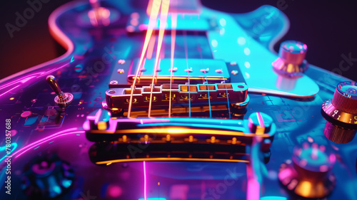 Close-up of Electric Guitar with Vibrant Neon Lights and Details