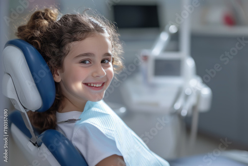 Cheerful Child Patient Smiling in Dental Chair with Clinic Equipment in Background