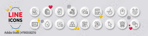 Loyalty award, Internet report and Car charging line icons. White buttons 3d icons. Pack of Ranking star, Photo, Card icon. Cursor, Money transfer, Approved phone pictogram. Vector