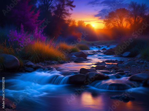 Evening Seenary with  Vibrant Colors and waterflow photo