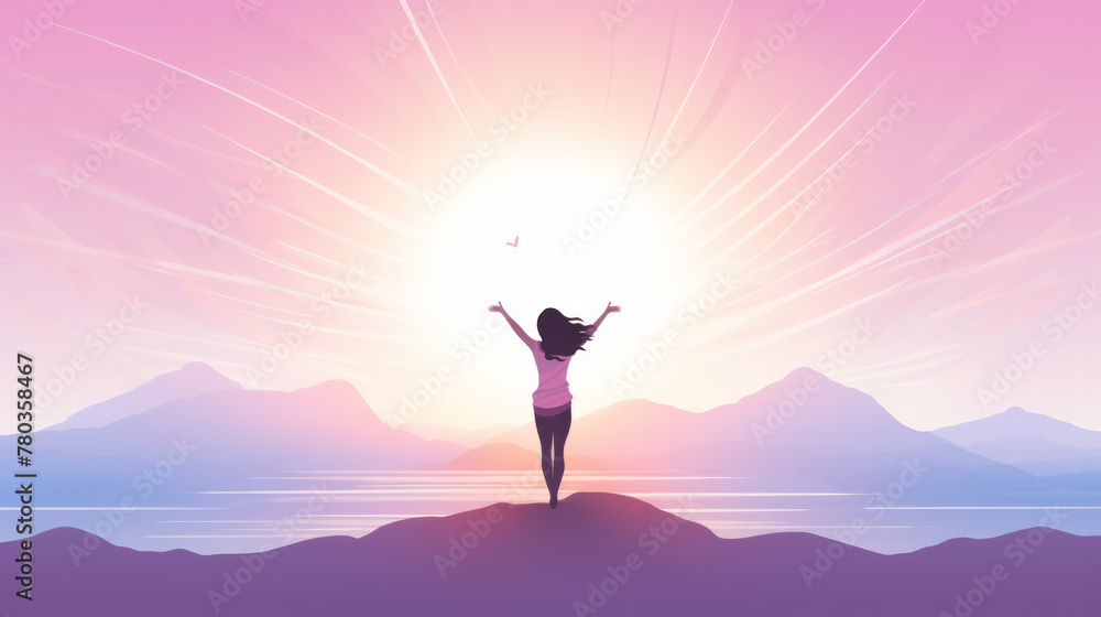Minimalist illustration of silhouettes of people opening their arms by the lake at sunrise or sunset Minimalist illustration of silhouettes of people opening their arms by the lake at sunrise or sunset