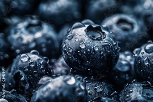 Wallpaper Mural Macro shot of fresh blueberries covered in water droplets, with a dark, detailed background. Close-Up of Blueberries with Water Droplets Torontodigital.ca