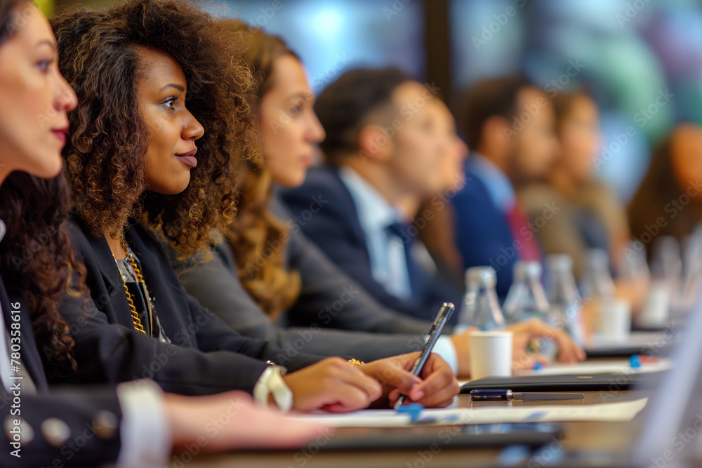 A diverse group of businesspeople sitting at a conference table, taking notes and listening intently to a presentation A diverse group of businesspeople sitting at a conference table, taking notes and listening intently to a presentation