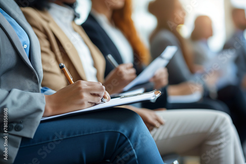 Close up of business people sitting in chairs writing notes on notepads