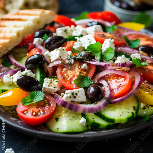 Colorful Greek Salad with Feta Cheese, Olives, and Fresh Vegetables