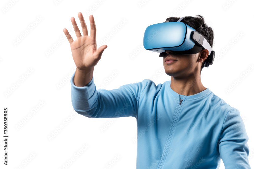 A man wearing a VR headset is taking care of the virtual world. The background is full of user avatars, representing various services. Isolated on transparent background. A man wearing a VR headset is taking care of the virtual world. The background is full of user avatars, representing various services. Isolated on transparent background.