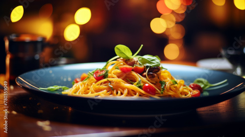 Gourmet Spaghetti with Tomatoes and Basil in Restaurant Ambiance