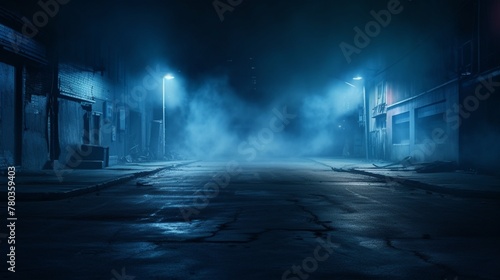 A dark empty street, dark blue background, an empty dark scene, neon light, spotlights The asphalt floor and studio room with smoke float up the interior texture. night view