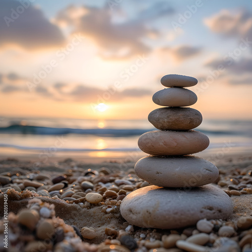 Balanced pebble pyramid silhouette on the beach with the ocean in the background, Zen stones on the sea beach, meditation, spa, harmony, calmness, balance concept