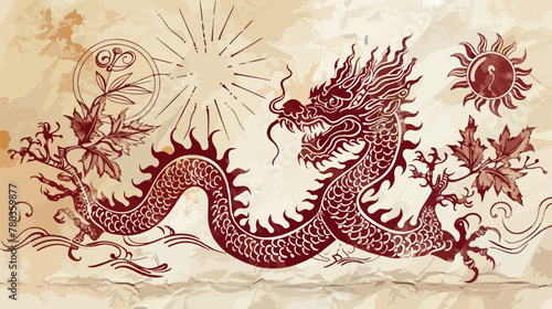 Drawing of ornamental dragon and sun with wine leaf