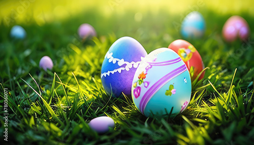 Easter coloured decorated eggs on a green grass
