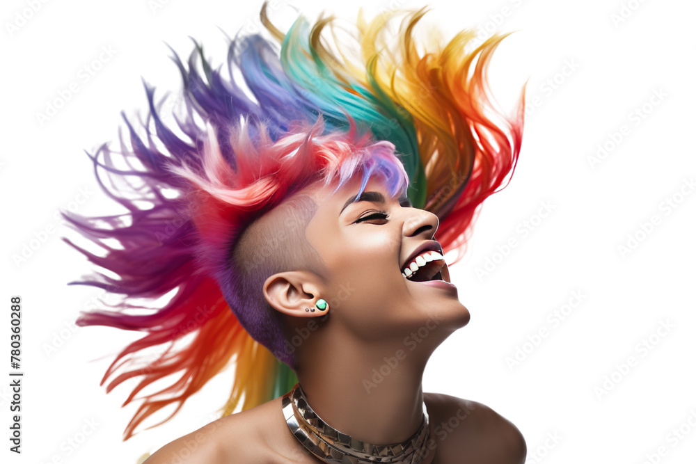 Non-binary person with rainbow hair Wear shiny jewelry. Dancing freely ,Isolated on a transparent background.