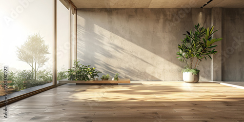 empty room with green plant,  wooden floor and grey walls and ceiling background,empty modern living room with sunlight © Nice Seven