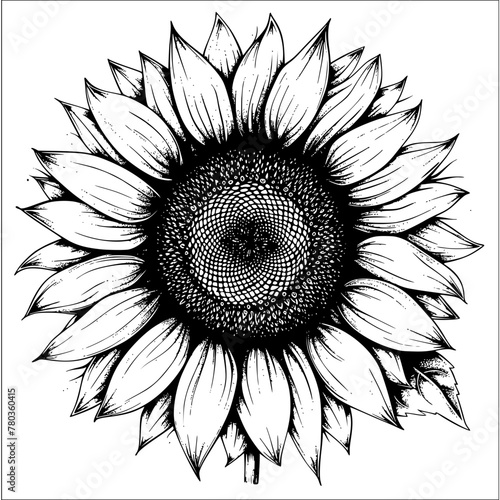 Detailed Black and White Sunflower Illustration
, Hand-drawn detailed illustration of a sunflower in black and white, suitable for prints and design elements.