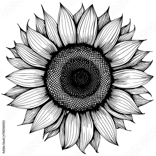 Detailed Black and White Sunflower Illustration
, Hand-drawn detailed illustration of a sunflower in black and white, suitable for prints and design elements.