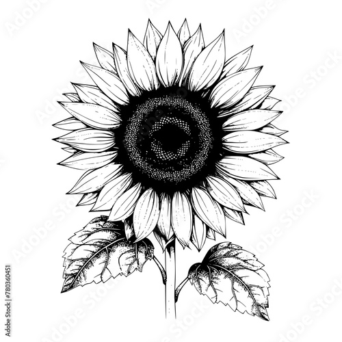 Detailed Black and White Sunflower Illustration
, Hand-drawn detailed illustration of a sunflower in black and white, suitable for prints and design elements.