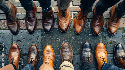 Diverse group of people standing with hands on hips in front of a row of stylish mens business shoes