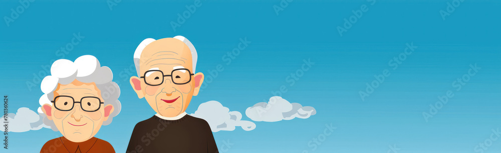 An illustration of an elderly couple standing side by side, smiling happily An illustration of an elderly couple standing side by side, smiling happily