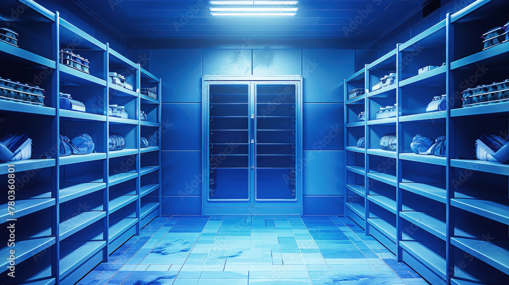 A vast room lined with shelves for storing food in an industrial freezer setting A vast room lined with shelves for storing food in an industrial freezer setting