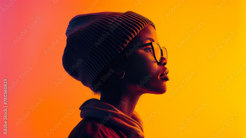 Confident Young Woman with Afro Profile, Orange and Blue Gradient