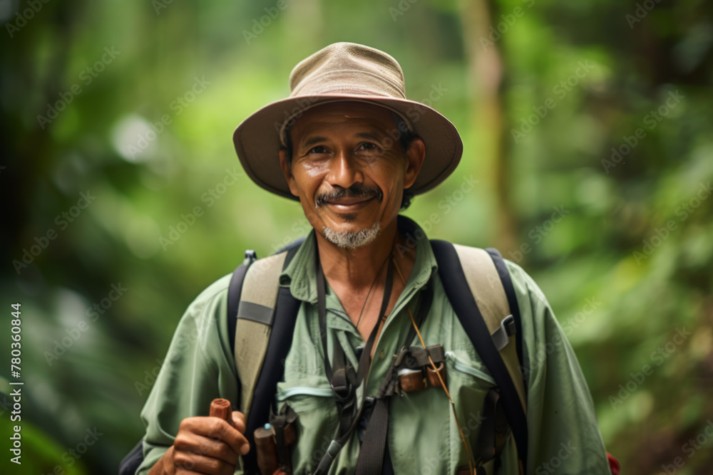 Mature Male Hiker Exploring Rainforest, Wearing Hat and Backpack Mature Male Hiker Exploring Rainforest, Wearing Hat and Backpack