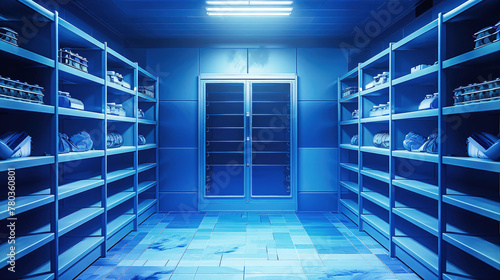 A vast room lined with shelves for storing food in an industrial freezer setting