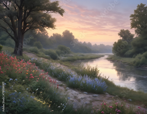 Serene Watercolor River Landscape at Dawn © liamalexcolman