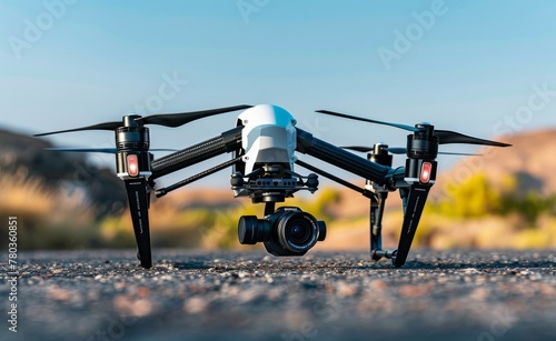 Drone with a high-definition camera, ready for flight against a backdrop of clear blue sky, representing the thrill of exploration and aerial photography.