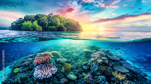 A coral reef is visible underwater with a small tropical island in the distance © Anoo