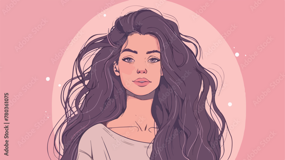 Girl long hair cartoon on pink background. Line girl