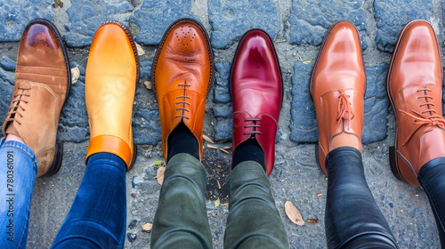 A line of sophisticated mens shoes in various styles and colors placed neatly side by side photo